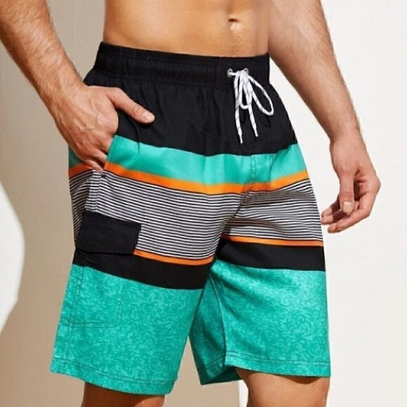 Blue Vacation Style Men's Color Block Striped Swim Trunks